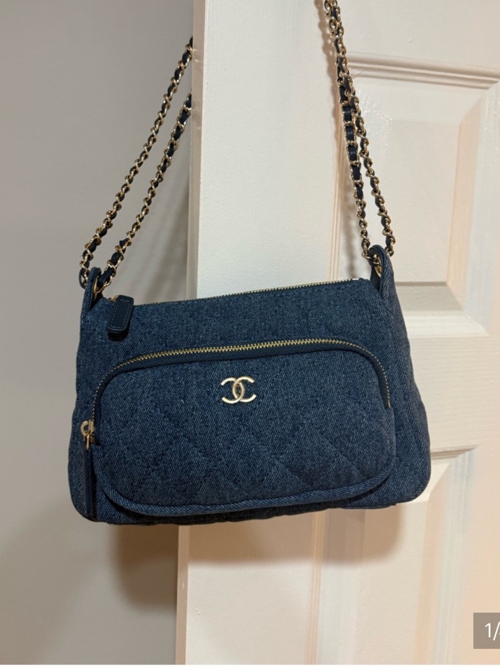 Dark Blue Quilted Denim Shoulder Bag with Gold Chain